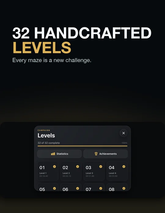 32 handcrafted levels shown in the level browser.